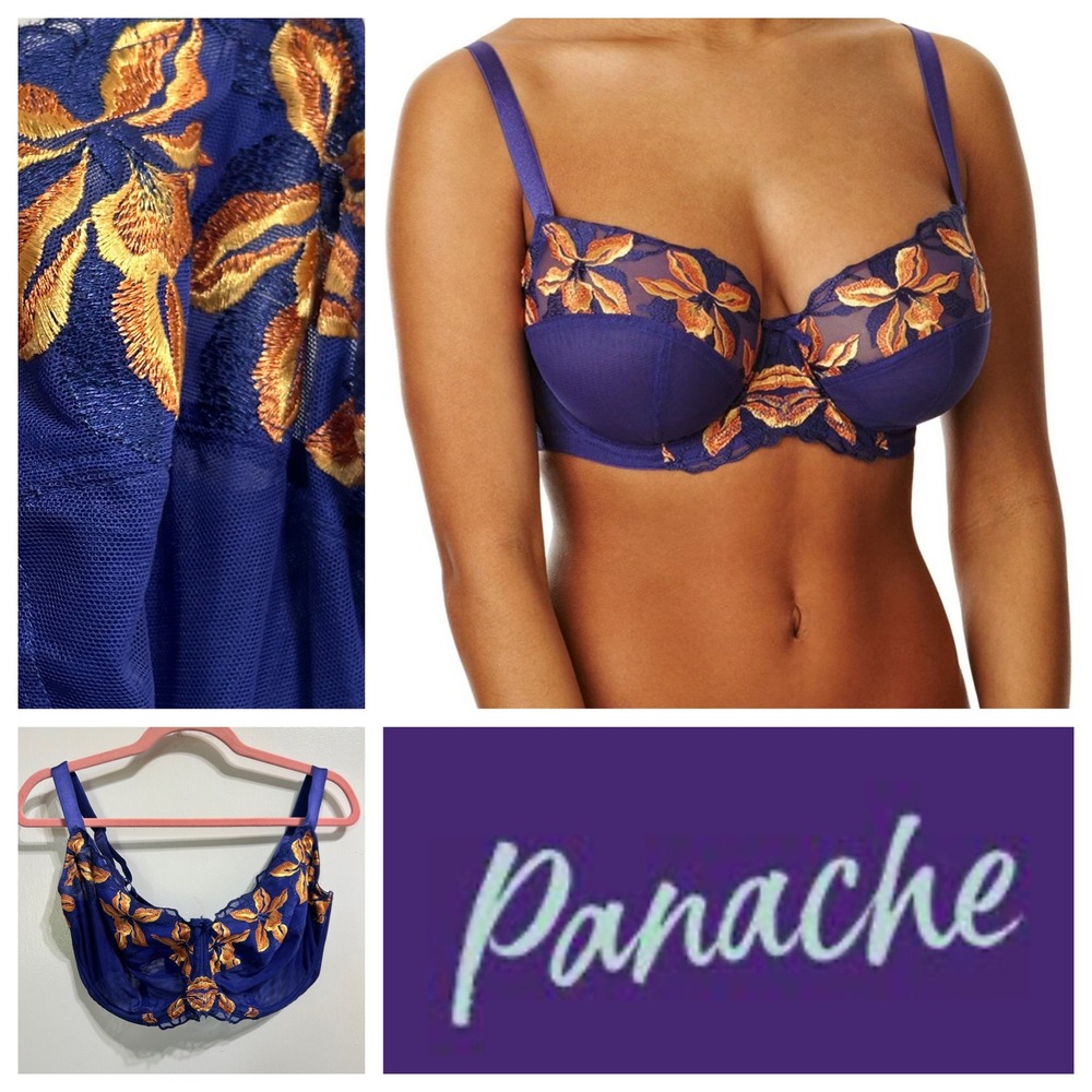 Panache Carmel Balcony Bra Royal Blue Gold Floral Embroidered Underwire 34HH